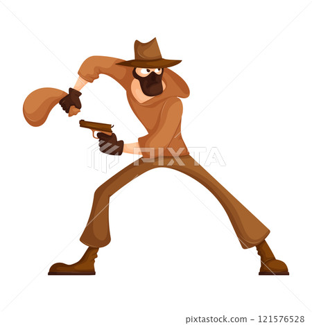 Dynamic cartoon of a masked cowboy thief holding a gun and swinging a sack of loot, ready for action on a white background. Dynamic cartoon of a masked cowboy thief holding a gun and swinging a sack of loot, ready for action on a white background. 121576528