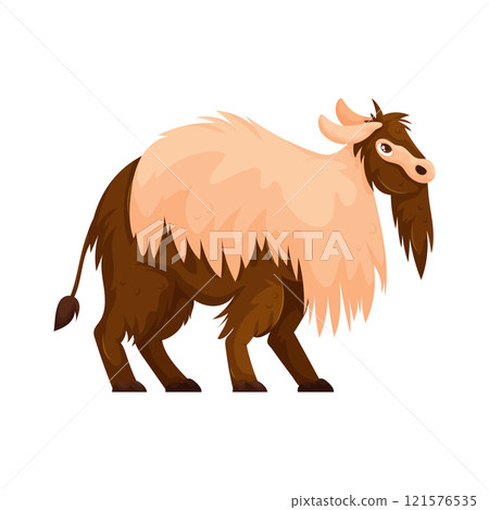 Brown and beige cartoon fantasy creature with shaggy fur, long tail, and horns, isolated on a white background. 121576535