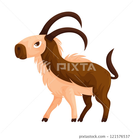 Playful cartoon illustration of a brown and beige mountain goat with large curved horns, standing on a white background. 121576537