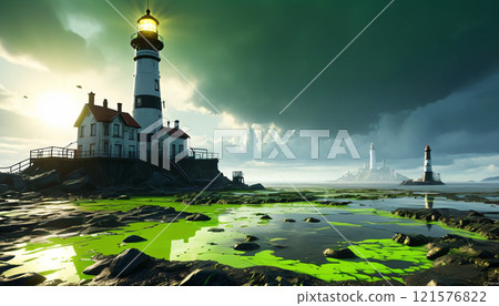 夏日海上漂浮的白色燈塔 夏日海上漂浮的白色燈塔 121576822