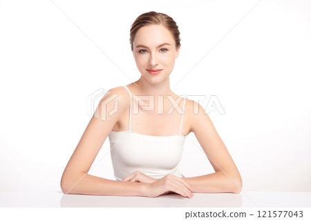 Beautiful young woman with clean fresh skin on white background, Face care, Facial treatment, Cosmetology, beauty and spa, women portrait. 121577043