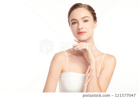 Beautiful young woman with clean fresh skin on white background, Face care, Facial treatment, Cosmetology, beauty and spa, women portrait. 121577047