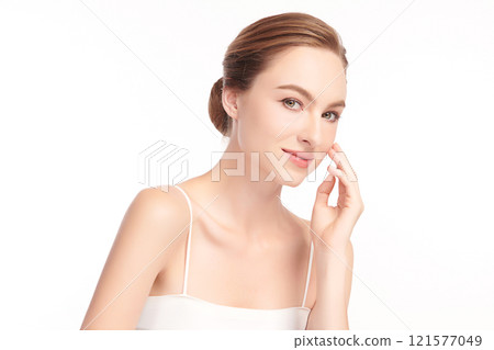 Beautiful young woman with clean fresh skin on white background, Face care, Facial treatment, Cosmetology, beauty and spa, women portrait. 121577049
