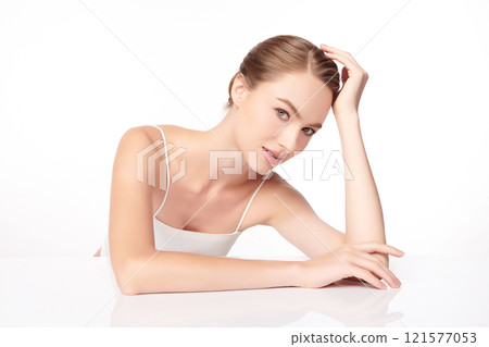 Beautiful young woman with clean fresh skin on white background, Face care, Facial treatment, Cosmetology, beauty and spa, women portrait. 121577053
