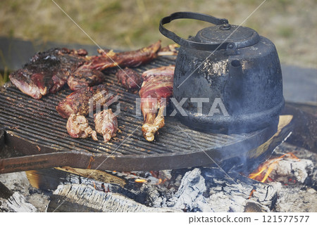 Bonfire with food at a Viking festival in Denmark 121577577