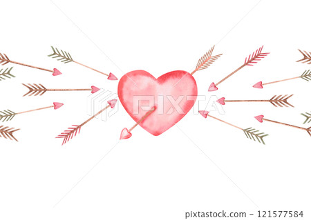 Seamless border with flying arrows and heart. Isolated watercolor illustration for design of cards, invitations, Valentine's Day decorations, poster and fabric prints. 121577584