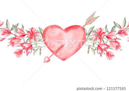 Seamless border with arrow-pierced heart and flowers. Isolated watercolor illustration for design of cards, invitations, Valentine's Day decorations, poster and fabric prints. Seamless border with arrow-pierced heart and flowers. Isolated watercolor illustration for design of cards, invitations, Valentine's Day decorations, poster and fabric prints. 121577585
