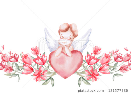 Seamless border angel with heart and flowers. Isolated watercolor illustration for design of cards, invitations, decoration of children's rooms, printing on posters and fabric. 121577586