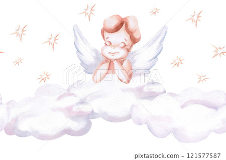 Seamless border with angel in clouds. Isolated watercolor illustration for invitation design, cafe decoration, children's parties, Valentine's day, posters, postcards, fabric printing. 121577587
