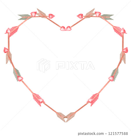 Heart-shaped frame made of bow arrows. Isolated watercolor illustration for invitation design, cafe decoration, children's parties, Valentine's day, posters, postcards. Heart-shaped frame made of bow arrows. Isolated watercolor illustration for invitation design, cafe decoration, children's parties, Valentine's day, posters, postcards. 121577588