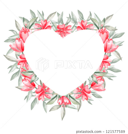 Heart shaped frame with wild flowers and leaves. Isolated watercolor illustration for invitation design, cafe decoration, children's parties, Valentine's Day, posters, postcards. 121577589