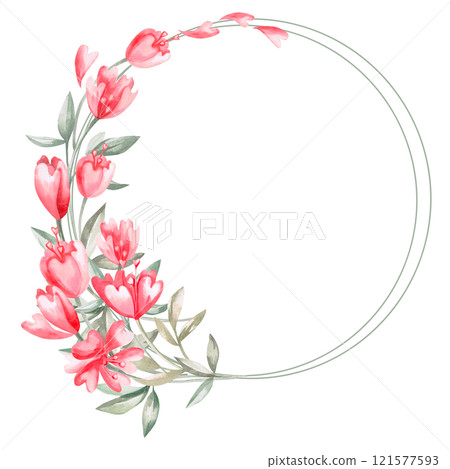 Round frame with wild flowers. Isolated watercolor illustration for invitation design, cafe decoration, children's parties, Valentine's Day, posters, postcards. Round frame with wild flowers. Isolated watercolor illustration for invitation design, cafe decoration, children's parties, Valentine's Day, posters, postcards. 121577593