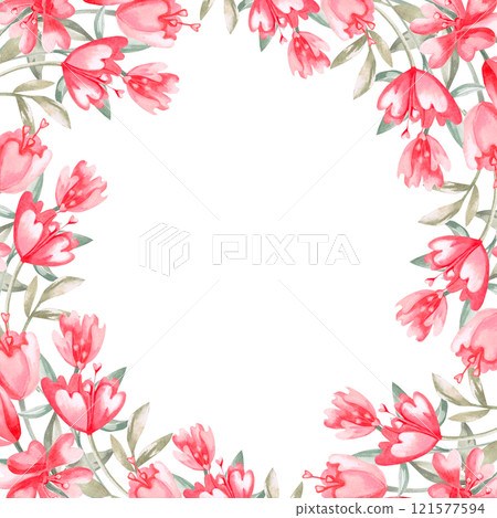 Square frame with wild flowers. Isolated watercolor illustration for invitation design, cafe decoration, children's parties, Valentine's Day, posters, postcards. 121577594