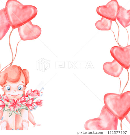Square frame with angel and gift box, balloons. Isolated watercolor illustration for invitation design, children's party decoration, Valentine's Day. 121577597