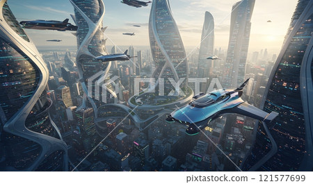 Futuristic digital artwork of a sprawling cityscape at sunset, featuring sleek skyscrapers and flying vehicles. Ideal for sci-fi book covers, tech branding, digital backgrounds, futuristic concept art 121577699
