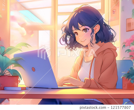 一個女人在咖啡館使用電腦的圖片素材 一個女人在咖啡館使用電腦的圖片素材 121577807