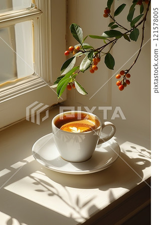 White coffee cup with saucer on table next to window. Sunlight is shining through window, casting warm glow 121578005