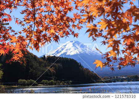 從河口湖畔拍攝的富士山和秋葉 121578310
