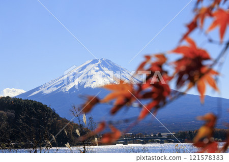 從河口湖畔拍攝的富士山和秋葉 121578383