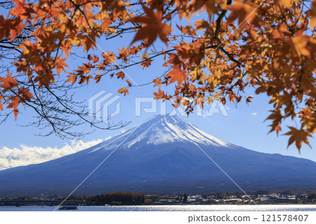 Mount Fuji and autumn leaves taken from the shores of Lake Kawaguchi Mount Fuji and autumn leaves taken from the shores of Lake Kawaguchi 121578407