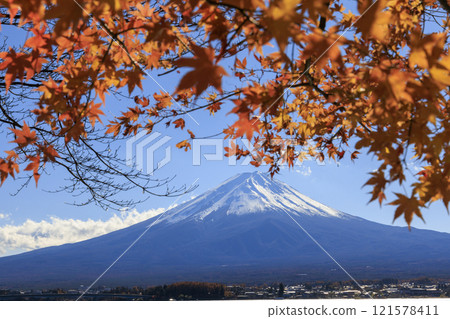 Mount Fuji and autumn leaves taken from the shores of Lake Kawaguchi Mount Fuji and autumn leaves taken from the shores of Lake Kawaguchi 121578411