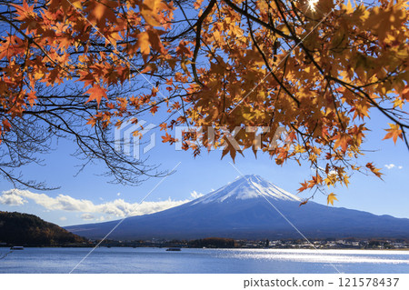 Mount Fuji and autumn leaves taken from the shores of Lake Kawaguchi Mount Fuji and autumn leaves taken from the shores of Lake Kawaguchi 121578437