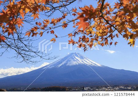 Mount Fuji and autumn leaves taken from the shores of Lake Kawaguchi Mount Fuji and autumn leaves taken from the shores of Lake Kawaguchi 121578444