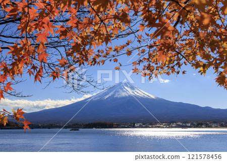 從河口湖畔拍攝的富士山和秋葉 從河口湖畔拍攝的富士山和秋葉 121578456
