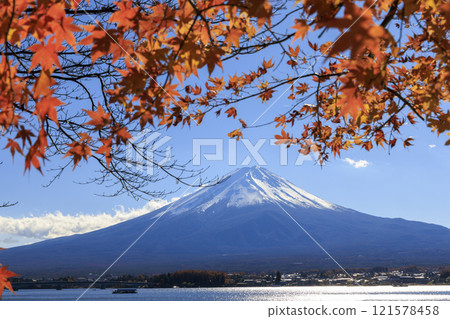 Mount Fuji and autumn leaves taken from the shores of Lake Kawaguchi Mount Fuji and autumn leaves taken from the shores of Lake Kawaguchi 121578458