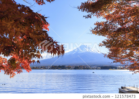 Mount Fuji and autumn leaves taken from the shores of Lake Kawaguchi Mount Fuji and autumn leaves taken from the shores of Lake Kawaguchi 121578473