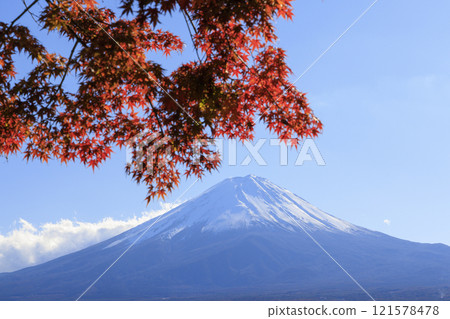 從河口湖畔拍攝的富士山和秋葉 從河口湖畔拍攝的富士山和秋葉 121578478