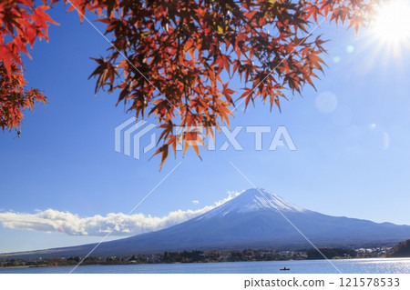 Mount Fuji and autumn leaves taken from the shores of Lake Kawaguchi Mount Fuji and autumn leaves taken from the shores of Lake Kawaguchi 121578533