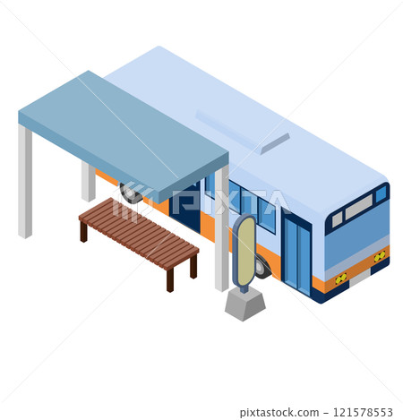 一輛公車停在公車站的等距插圖,右視圖。沒有主線。 一輛公車停在公車站的等距插圖,右視圖。沒有主線。 121578553