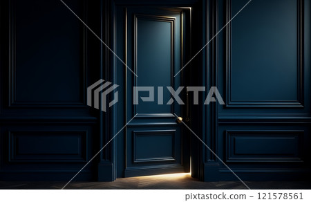 A deep cobalt blue door opens into the center of a space surrounded by dark wooden walls. 121578561