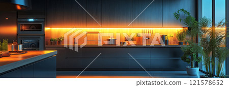 Bright and airy futuristic kitchen blending sleek smart technology with cozy natural vibes, wood, stone, and greenery, bathed in soft natural light for a serene ambiance, banner 121578652