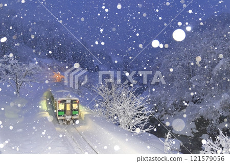 只見線下雪（拍攝火車從後面逃走） 121579056