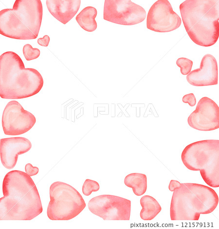 Square frame with floating watercolor hearts. Isolated illustration for invitation design, children's party decoration, Valentine's day. 121579131