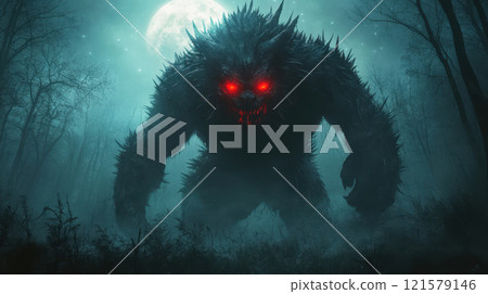 terrifying beast with spiked fur and glowing red eyes 121579146