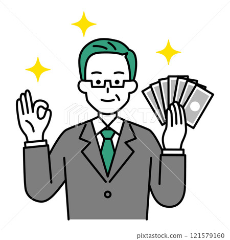 A middle-aged man in a suit holding money and making an OK sign A middle-aged man in a suit holding money and making an OK sign 121579160