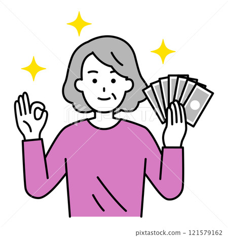An elderly woman holding money and making an OK sign An elderly woman holding money and making an OK sign 121579162