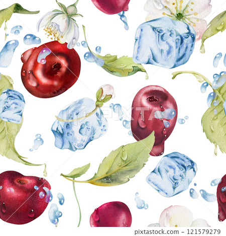 Sweet sour cherry cerise flying in water, ice cubes splashes drops, watercolor hand drawn, red berry leaves white flowers. Seamless pattern tile illustration. Restaurant dessert menu, farmers market 121579279