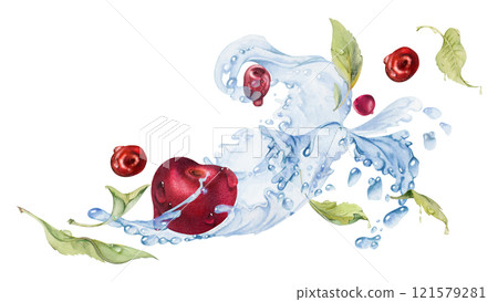 Sweet sour cherry cerise flying in water splashes drops, hand drawn in watercolor, ripe red garden berry with leaves. Isolated composition illustration. Restaurant cafe menu, farmers market, wedding 121579281