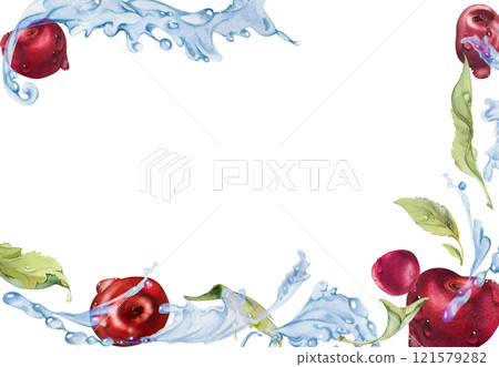 Sweet sour cherry cerise flying in water splashes drops, hand drawn in watercolor, ripe red garden berry and leaves. Isolated border frame illustration. Restaurant cafe menu, farmers market, wedding Sweet sour cherry cerise flying in water splashes drops, hand drawn in watercolor, ripe red garden berry and leaves. Isolated border frame illustration. Restaurant cafe menu, farmers market, wedding 121579282