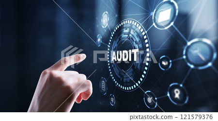 Businessman clicks Audit Auditor Financial service compliance concept 121579376