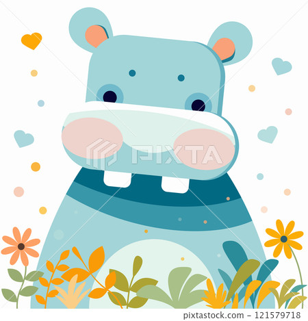 Cute Hippo in Flower Garden. 121579718