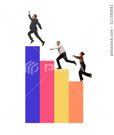 Poster. Contemporary art collage. Three people climbing graph-like shapes, symbolizing progress, goal achievement, and competitive spirit in professional life. 121580081