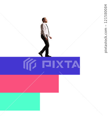 Poster. Contemporary art collage. Businessman walking along bar chart, depicting strategic growth and navigating professional paths. 121580084