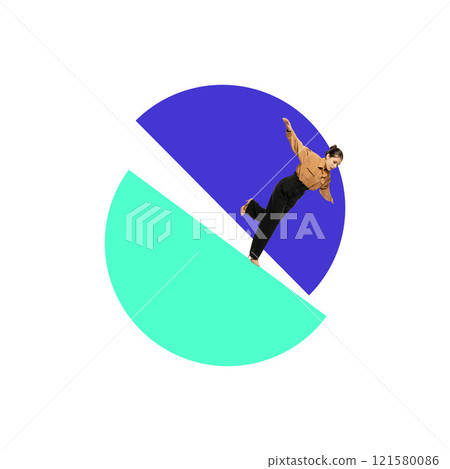Poster. Contemporary art collage. Woman balancing on vibrant pie chart, symbolizing adaptive strategies in dynamic work environments. 121580086
