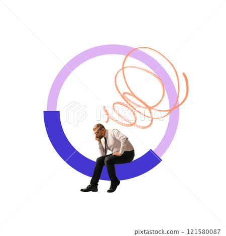 Poster. Contemporary art collage. Man sitting in thinking pose within overlapping abstract shapes representing workflow and creative data analysis. 121580087