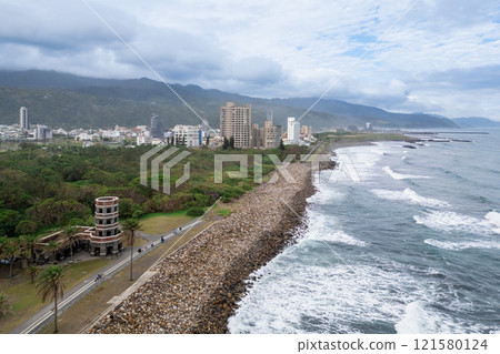 Aerial view of Toucheng Seaside Forest Park located in Toucheng township, Yilan county, Taiwan 121580124